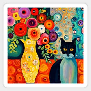 Black and Blue Cat in Still Life Painting with Flower Vase Sticker